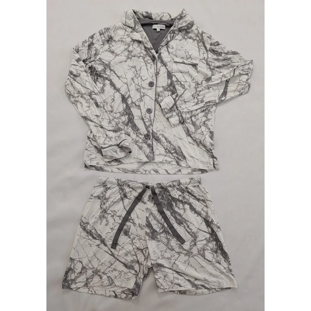 PJ Salvage Pajama Shorts Long Sleeve Top Set Marbled White Gray Women's XS